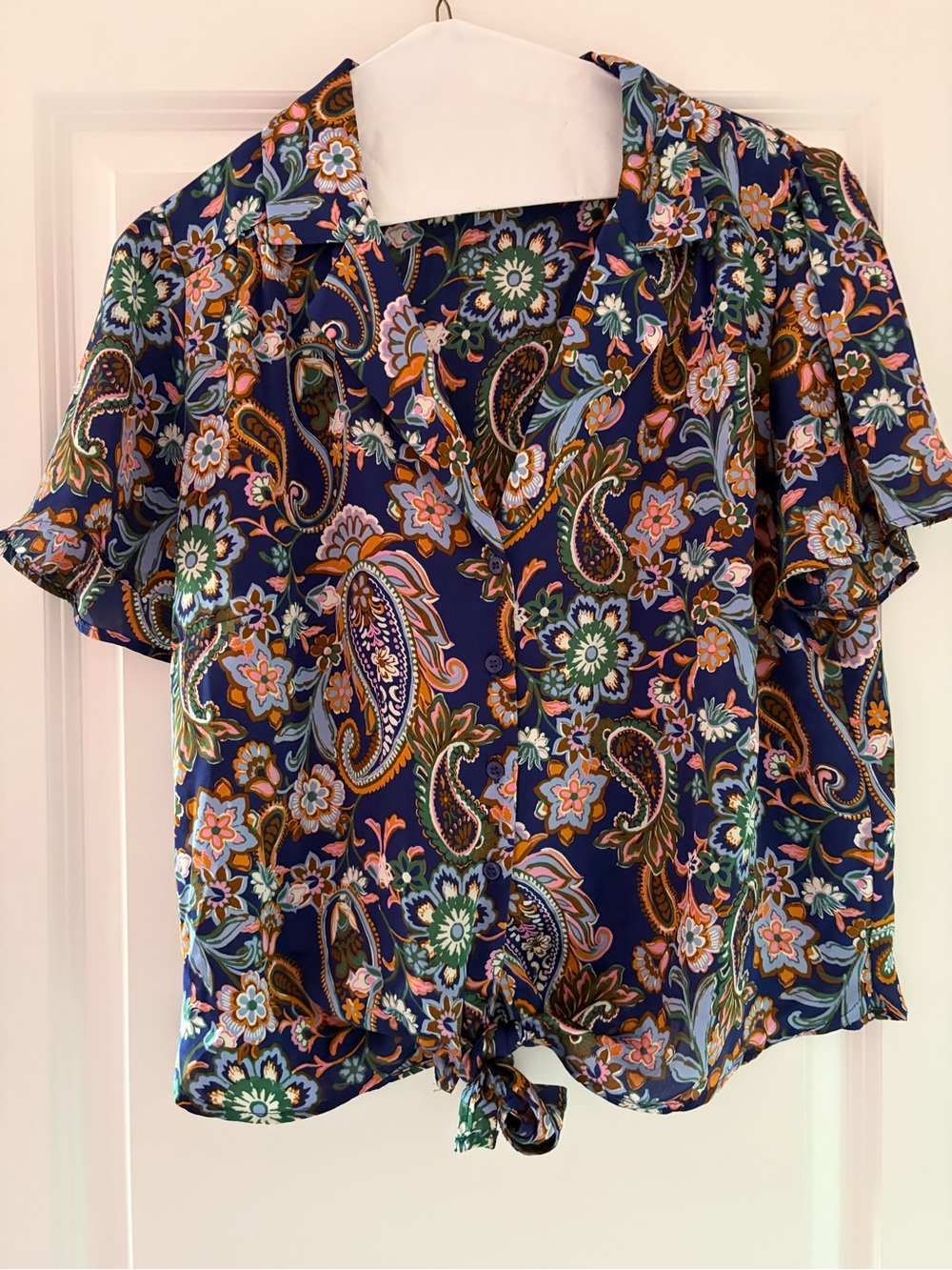 Paisley Tie-Front Button-Up Blouse in Navy